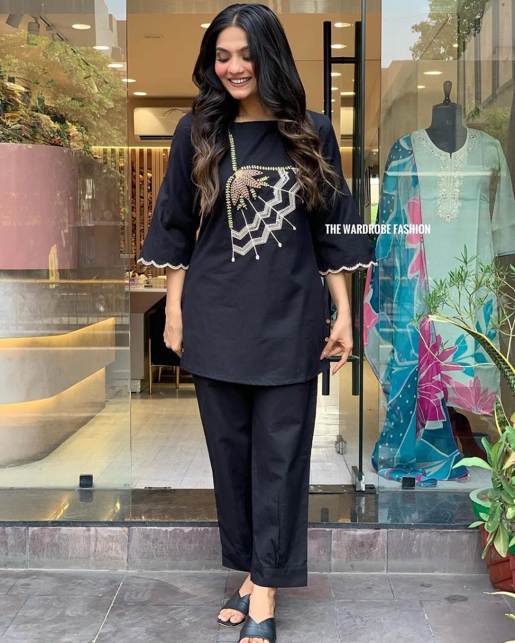 Black Cotton Flex Embroidered Co-Ord Set